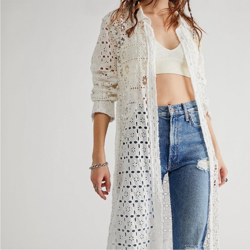 Free People White Lace Long Cardigan